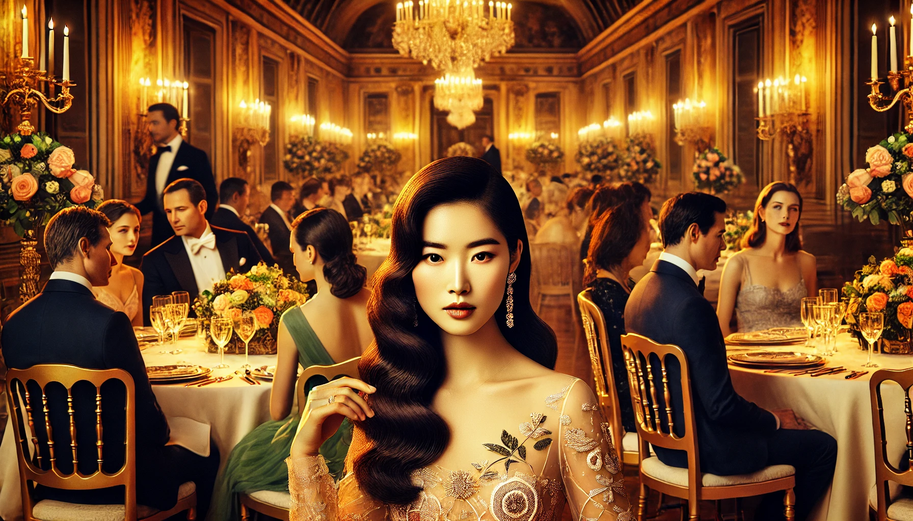 DALLE 20250119 062020 A luxurious billionaire dinner party setting featuring an elegantly dressed Asian woman with long flowing dark brown hair and a stunning highfashion The Codex of Elites MindWave BioNetwork SelfSovereignty Defense System™
