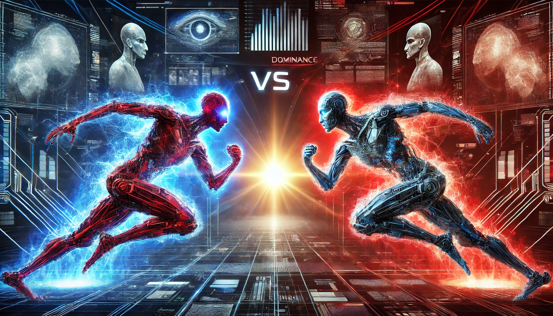 AI 之战DeepSeek Vs ChatGPT全球人工智能格局的重大变局 The Codex of Elites MindWave BioNetwork SelfSovereignty Defense System™ 一幅未来感十足的高科技战斗场景象征 DeepSeek 与 ChatGPT 之间的 AI 竞争画面呈现出数字化的赛博空间充满发光的神经网络和全息数据流DeepSeek 以红色光芒展现挑战姿态而 ChatGPT 以蓝色光芒稳固领先地位突出了全球人工智能行业的激烈竞争